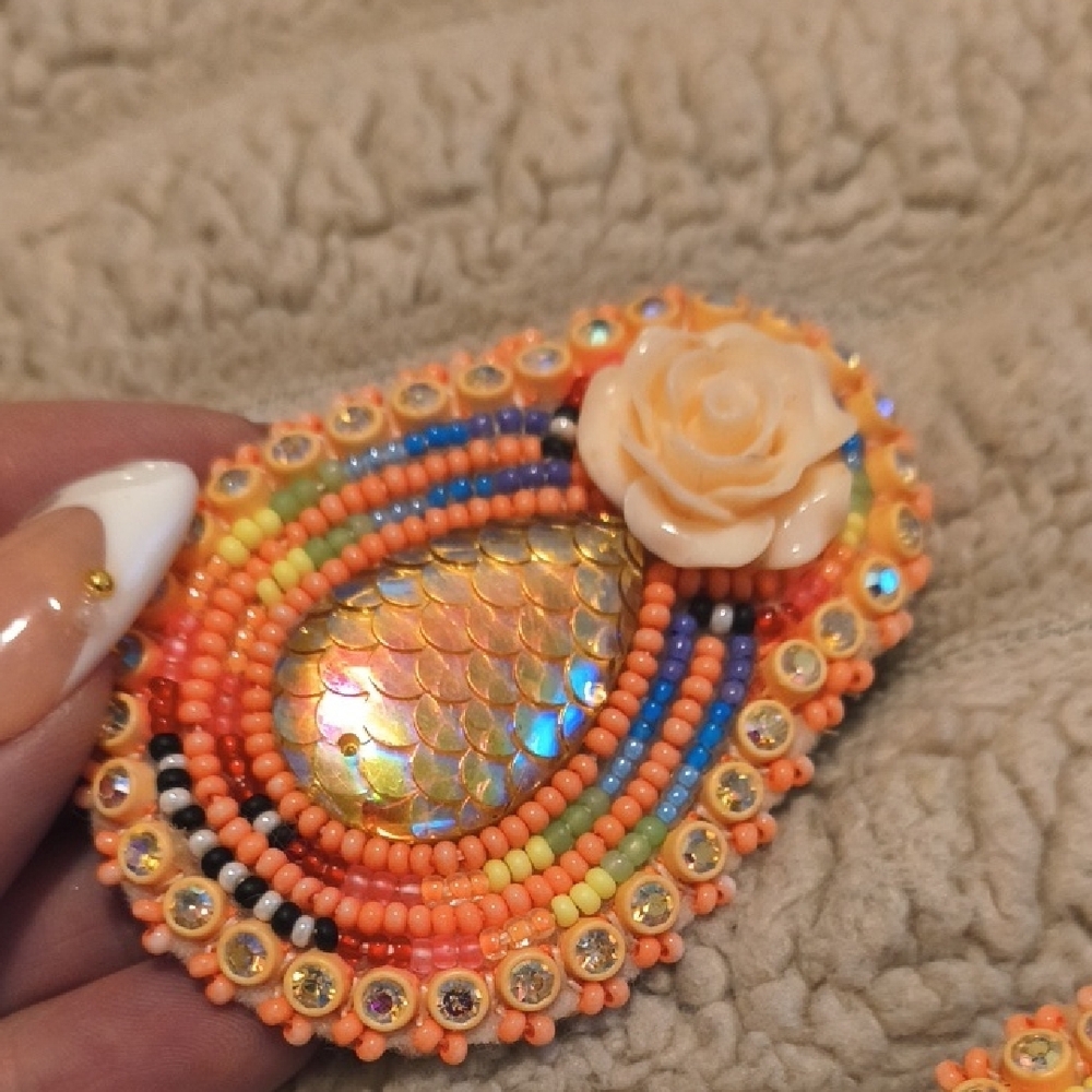 Hand Beaded Earrings with Floral Accent - Picture 2 of 5